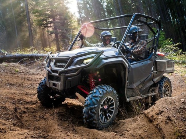 Riders in Honda® Pioneer 1000-5 Deluxe UTV riding on dirt road in the middle of forest